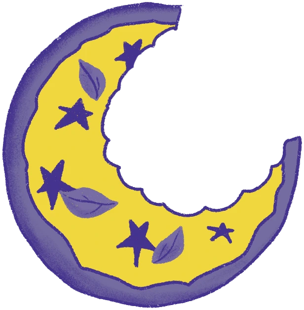 Mezzanotte logo: a crescent-moon pizza with a bite taken out, topped with stars and basil